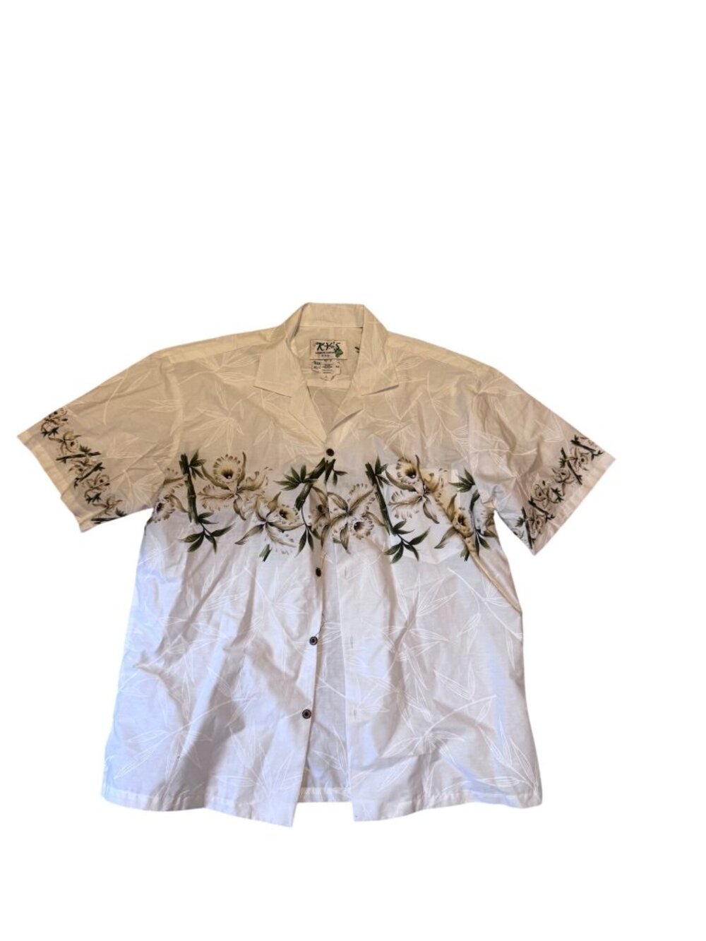KY’S Hawaiian Shirt Mens Large Ivory Cotton Bamboo Floral Camp Aloha Button Up - Picture 3 of 9